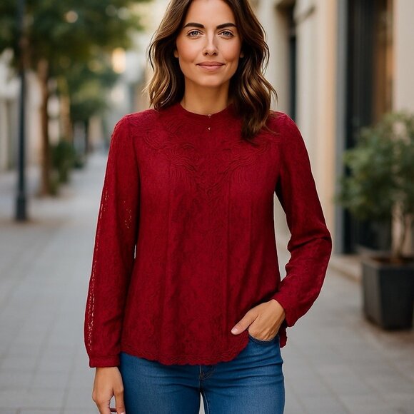 torrid Tops - Torrid Womens Lace Blouse High Neck In Rhubarb Red Size 0 (L) Whimsy Romantic